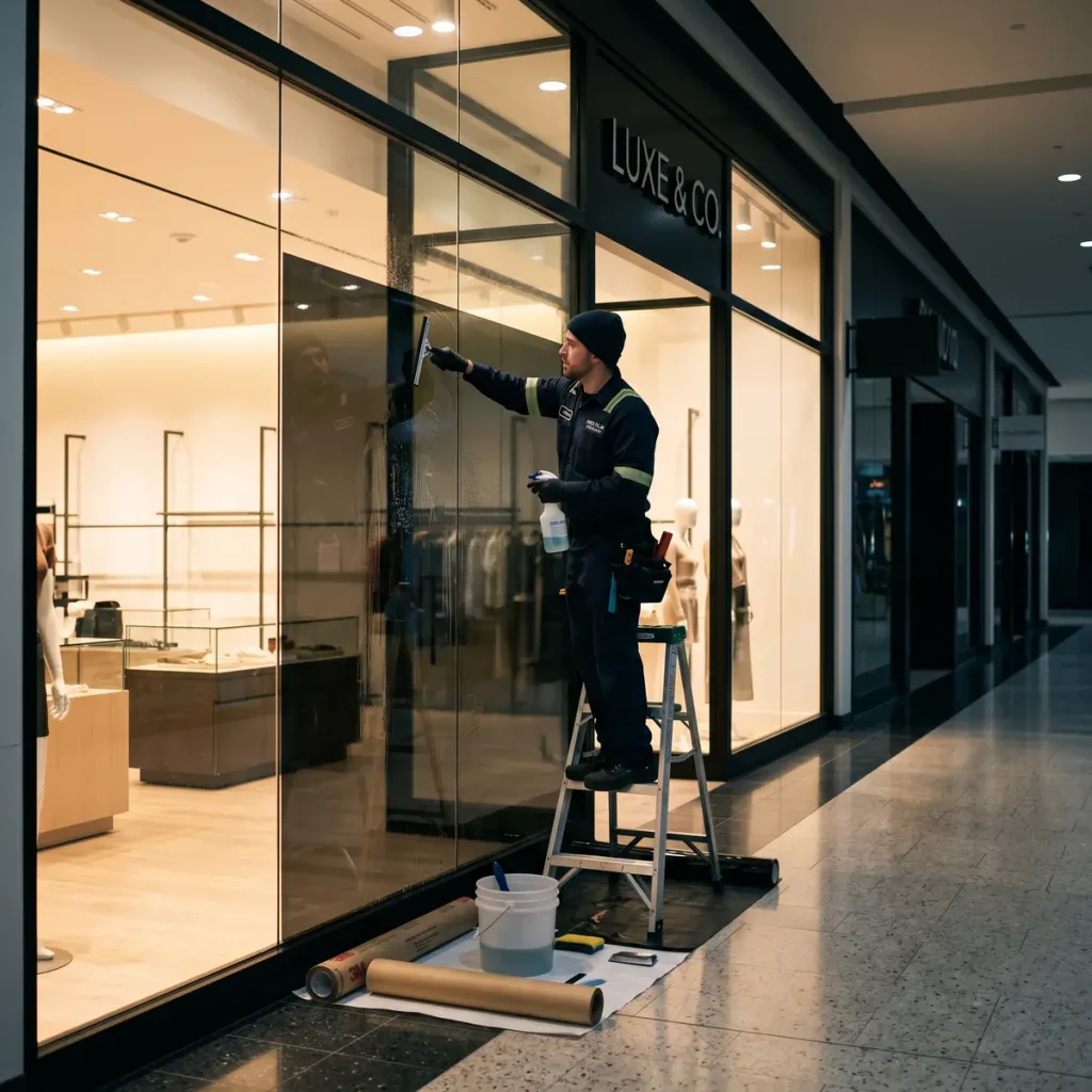 Instalación de láminas de seguridad para vidrieras de comercios en una vidriera de un local comercial en Buenos Aires.