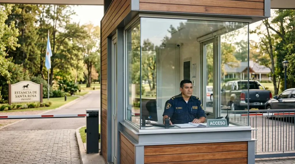 Representación de la instalción finalizada de láminas de seguridas para garitas de vigilancia con el vigilador dentro.